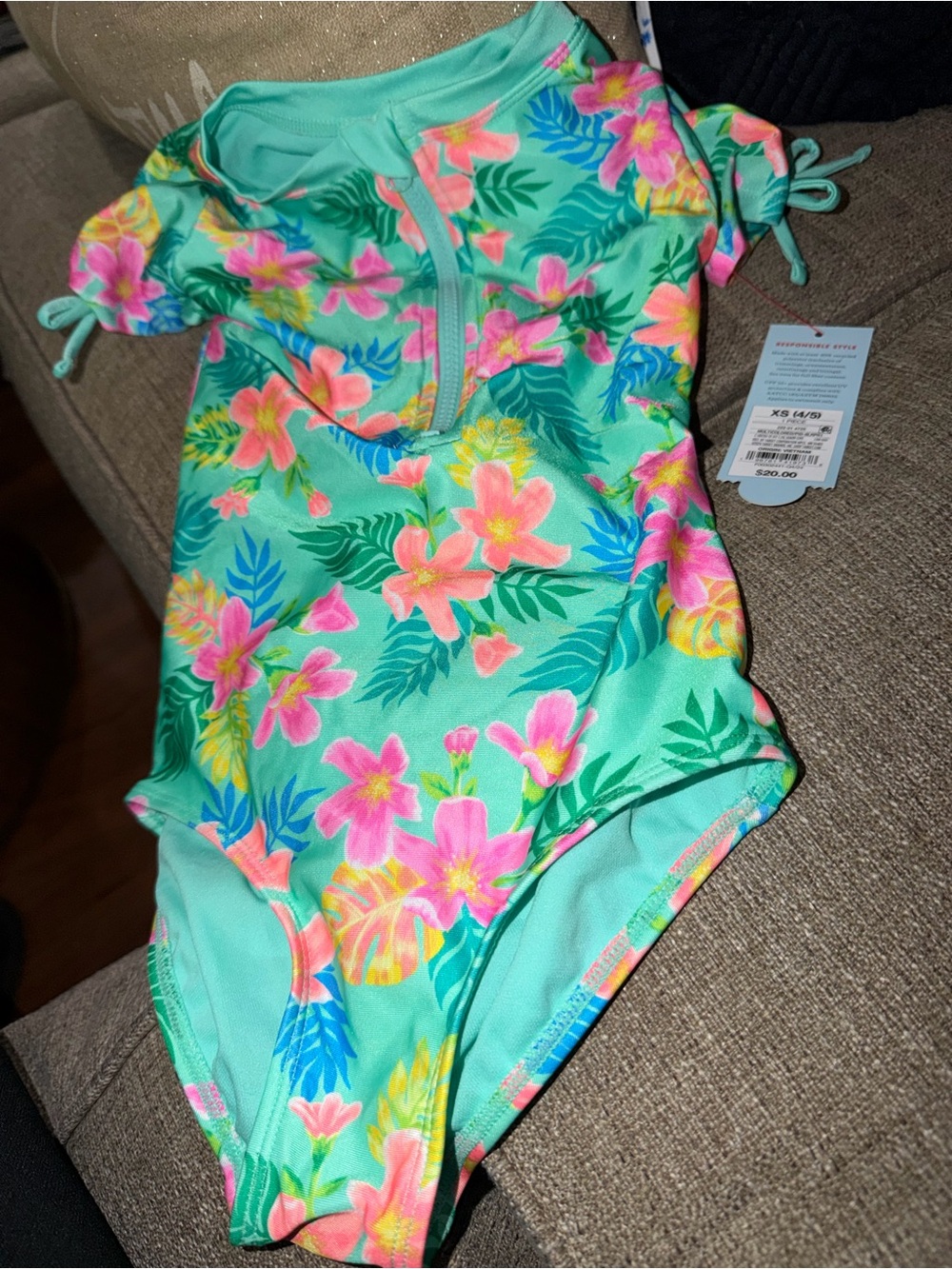 Target Girls' Mint Floral Zip-Front One-Piece Swimsuit